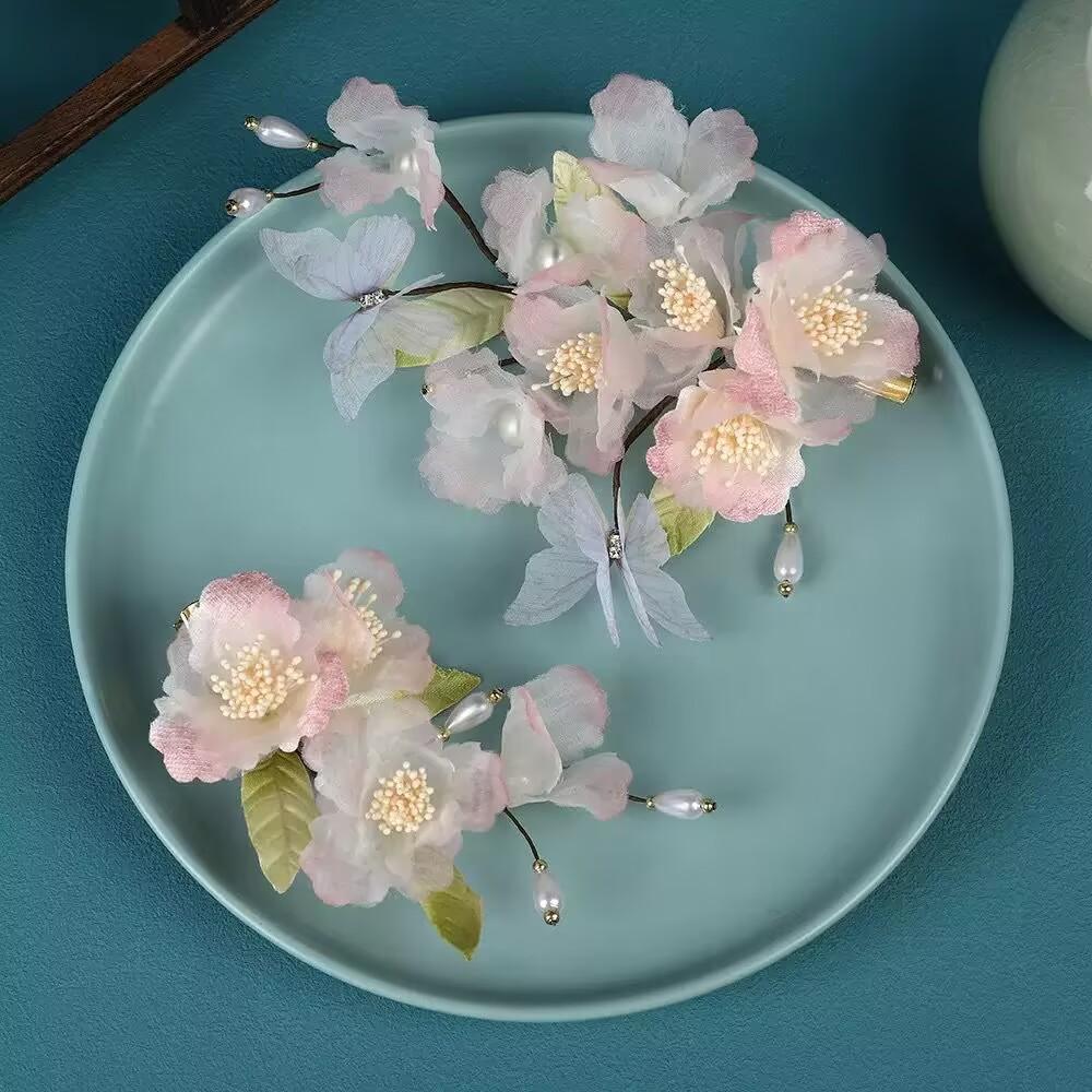 Antique original design handmade pink gauze blue butterfly soft rod hairpin Hanfu headdress