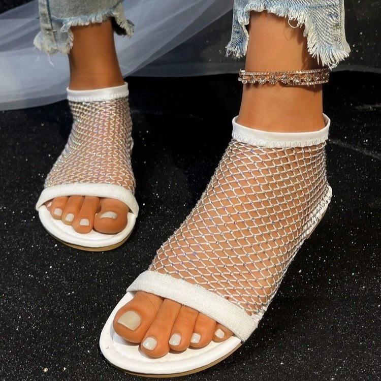Fishing Net Hollow Hot Diamond Women's Sandals Summer New European and American Large Size Fashion Net Shoes
