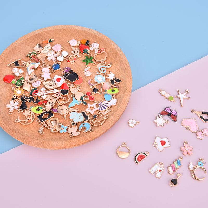 100Pcs Different Styles Mix Size Color Alloy Metal Drop Oil Charms Gold Pendant