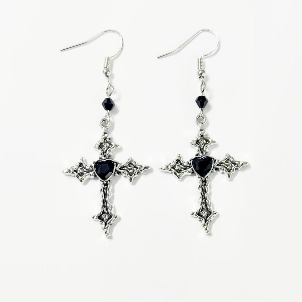 Gothic Punk Silver Color Liquid Metal Cross Red Heart Rhinestone Dangle Earrings for Women Hallowmas Party Hip Hop Jewelry Gifts