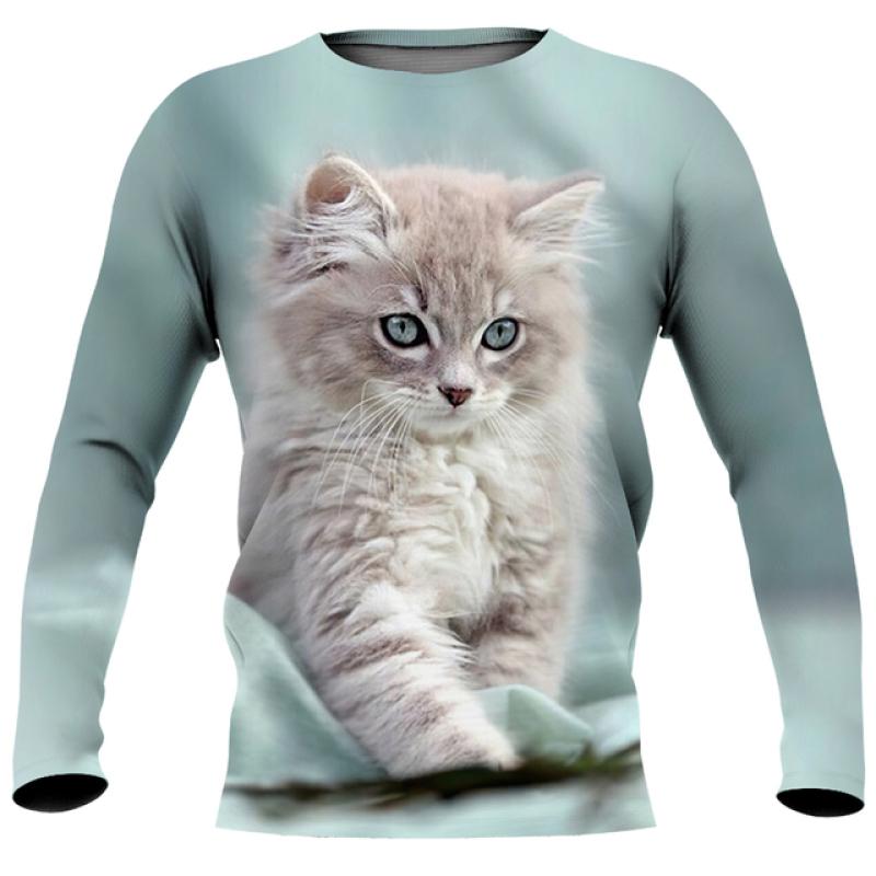 

Мужские футболки с длинным рукавом из искусственного хлопка с милым принтом кота, весенние повседневные свободные футболки с круглым вырезом, уличная одежда, одежда унисекс, европейский размер 5XL L