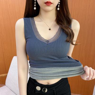 Thermoweste mit gepolsterter Damen-Sexy-Winterkleidung, ärmellose Body-Weste, solide, schlanke, samtwarme Tanktops, Spitze, V-Ausschnitt, gestreift, Thermo-Unterwäsche