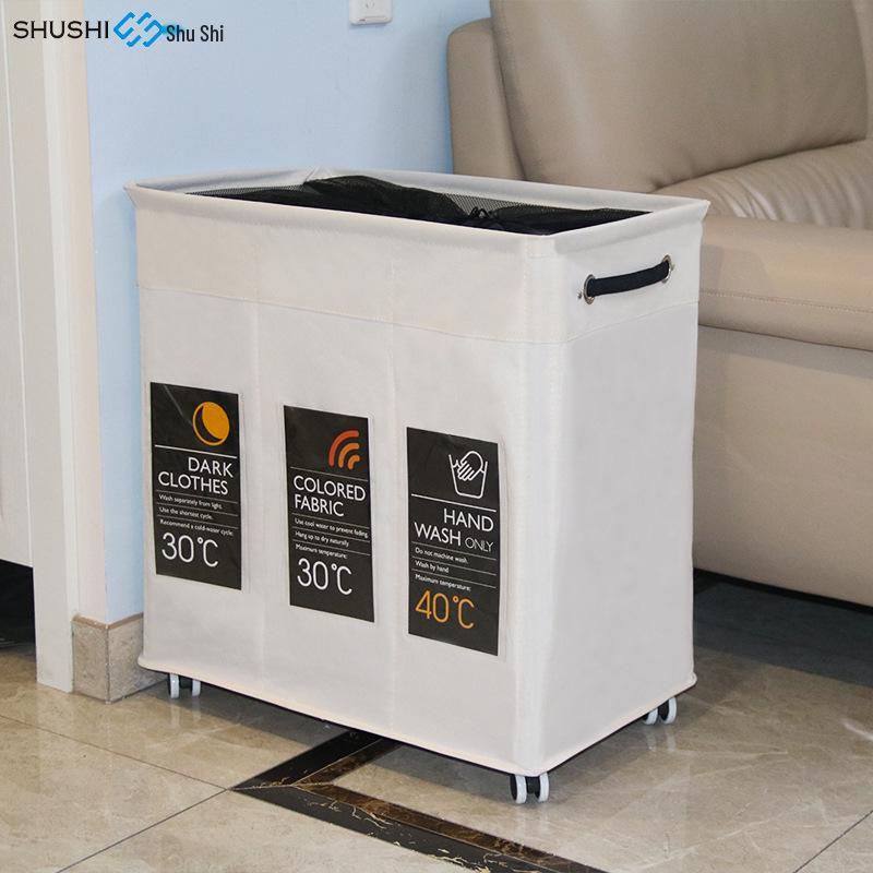 Junhao Three-Compartment Foldable Laundry & Toy Storage Basket with Silent Casters & Extended Handle
