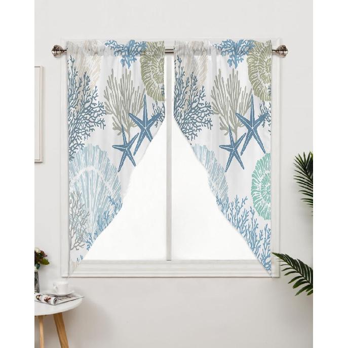 Swag Curtain Valances Nautical Coastal Ocean Coral Short Swag Topper for Small Windows Beach Themed Blue Teal Window Curtain Tiers for Kitchen