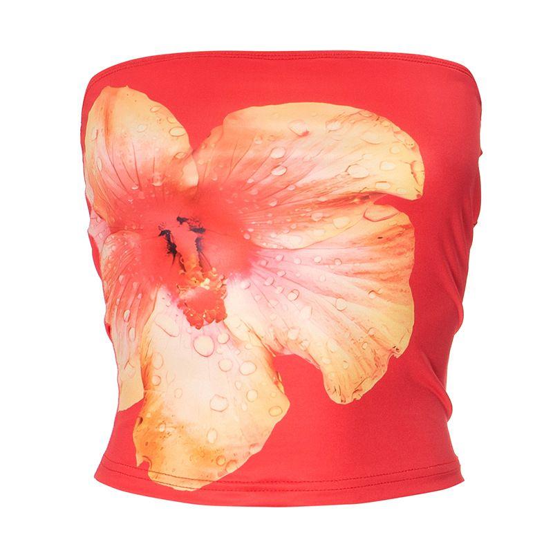 

Street American Style Sexy Sexy Flower Print Tube Top Fashion Slim Fit Short Crop Top Vacation Style Sleeveless Tops Red S