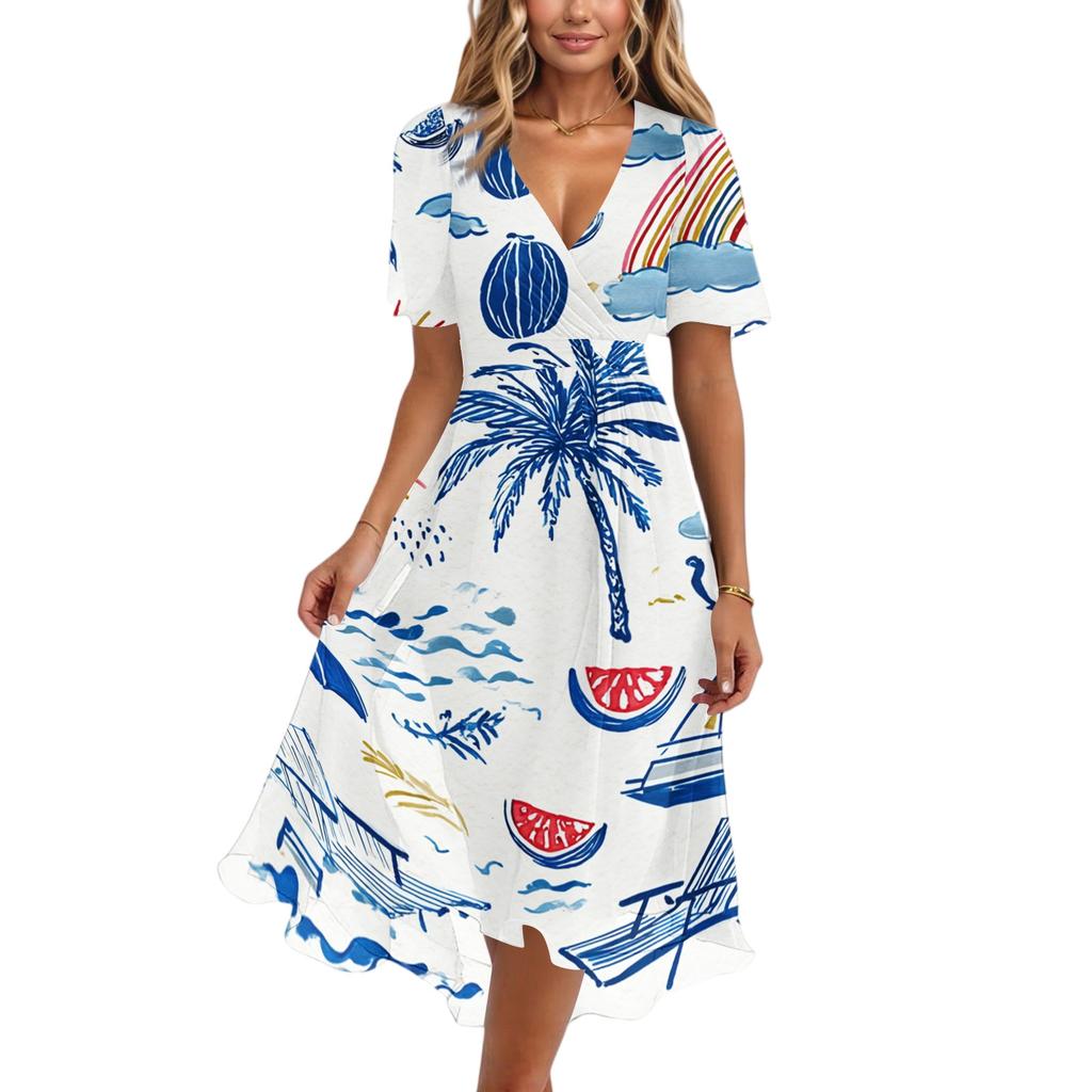 Women V Neck Short Sleeve Casual Dress Hawaiian Print Midi Length Summer Beach Dress with Flowing Skirt