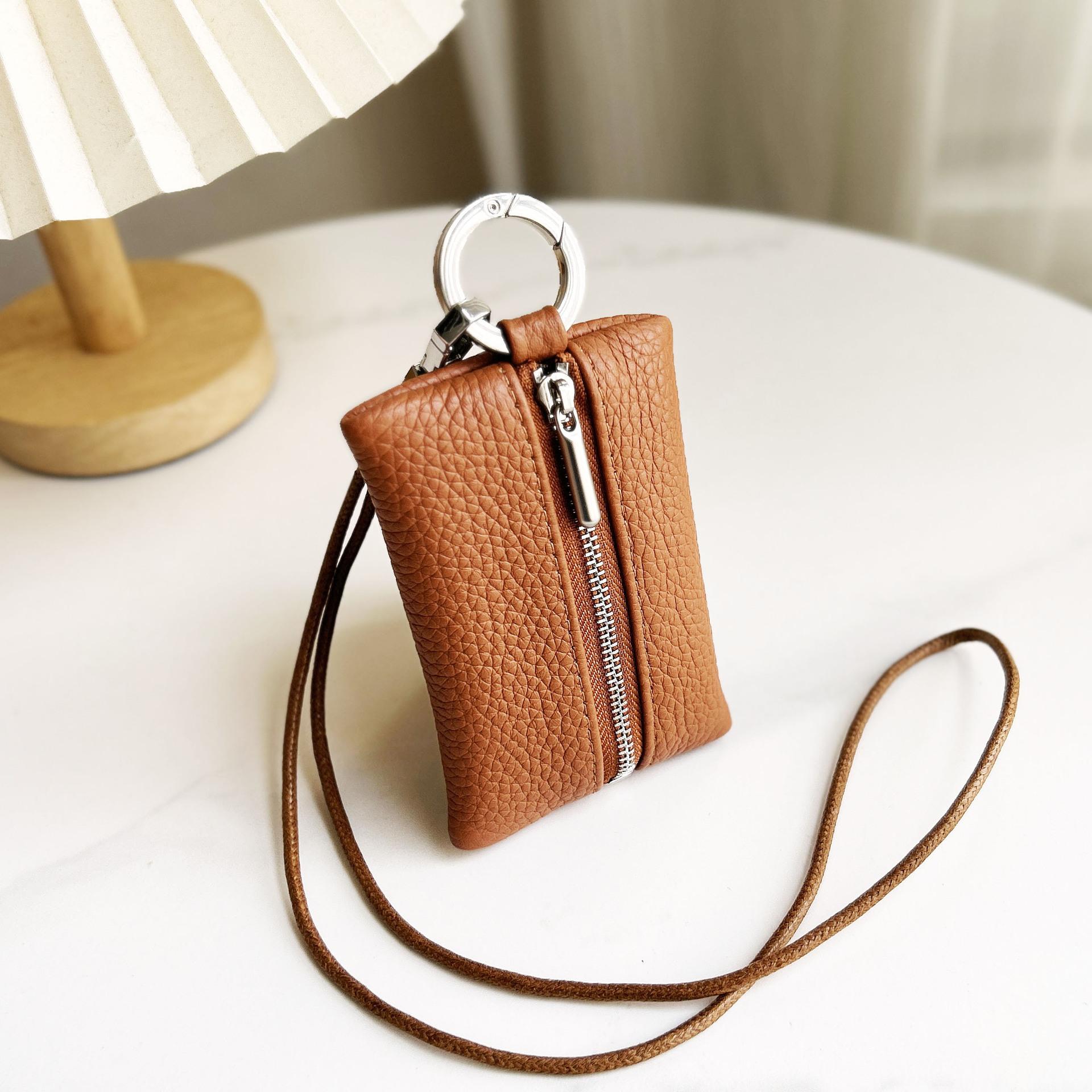 Verticale Mini Portemonnee met Litchi Textuur en Nekkoord Zilver Bruin Zwart Grijs