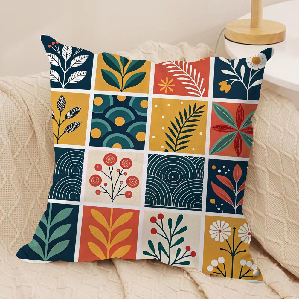 Retro Karomuster Blumen Kissenbezug Kurzer Plüsch Doppelseitiger Druck Quadratische Dekokissen für Sofa Zuhause