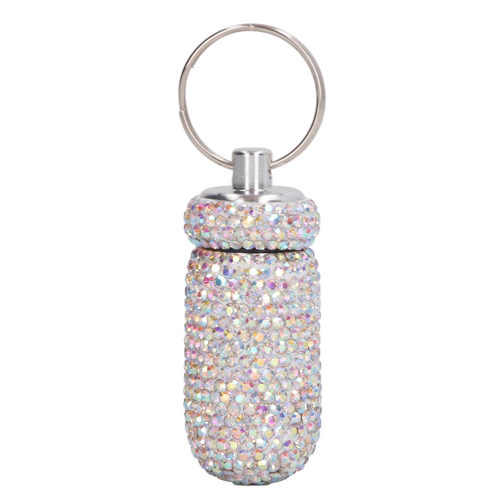 Rhinestone Medicine Bottle Container Aluminum Alloy Portable Capsules Storage Case Box with Keyring