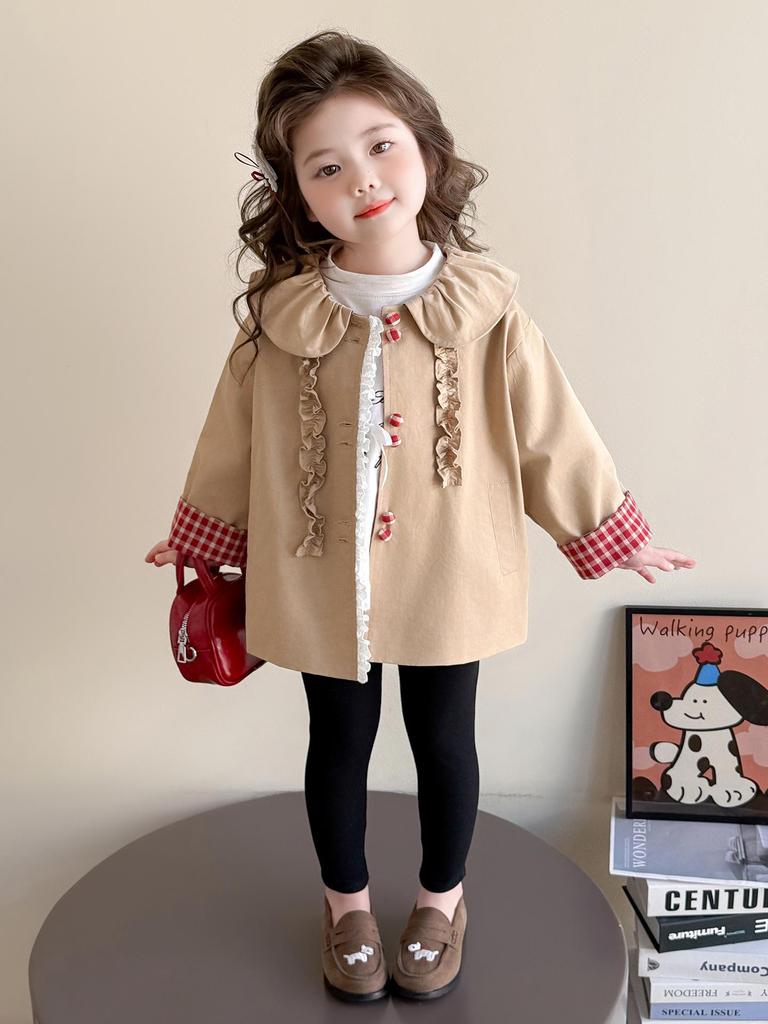 Mädchen karierter mittellanger Trenchcoat mit Peter-Pan-Kragen - 2025 Frühling & Herbst Mode Oberbekleidung