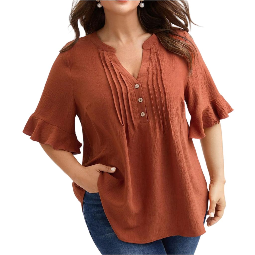 Women's Plus Size V,neck Ruffle Pleated Button Loose Short Sleeve Top