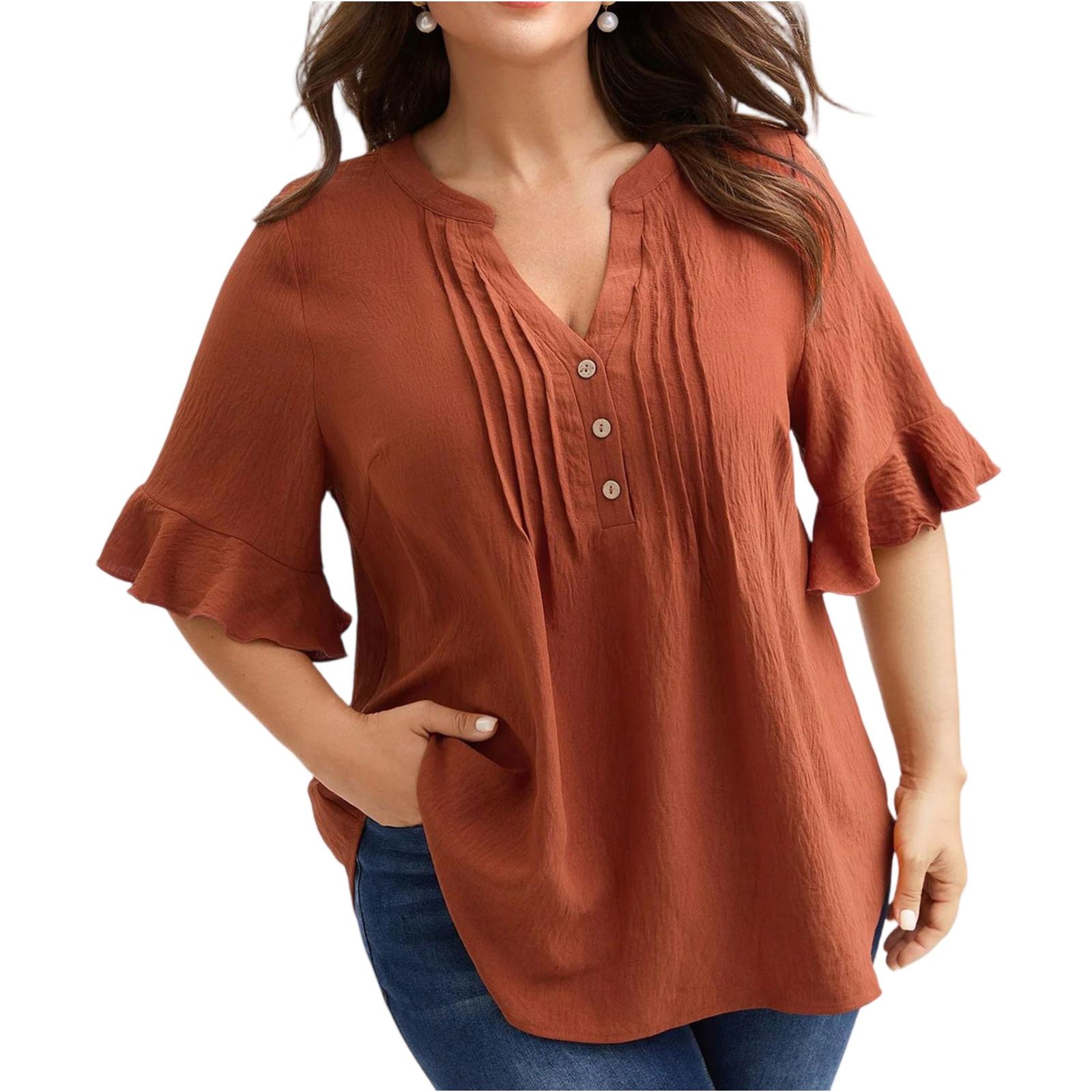 

Women s Plus Size V,neck Ruffle Pleated Button Loose Short Sleeve Top M помаранчевий
