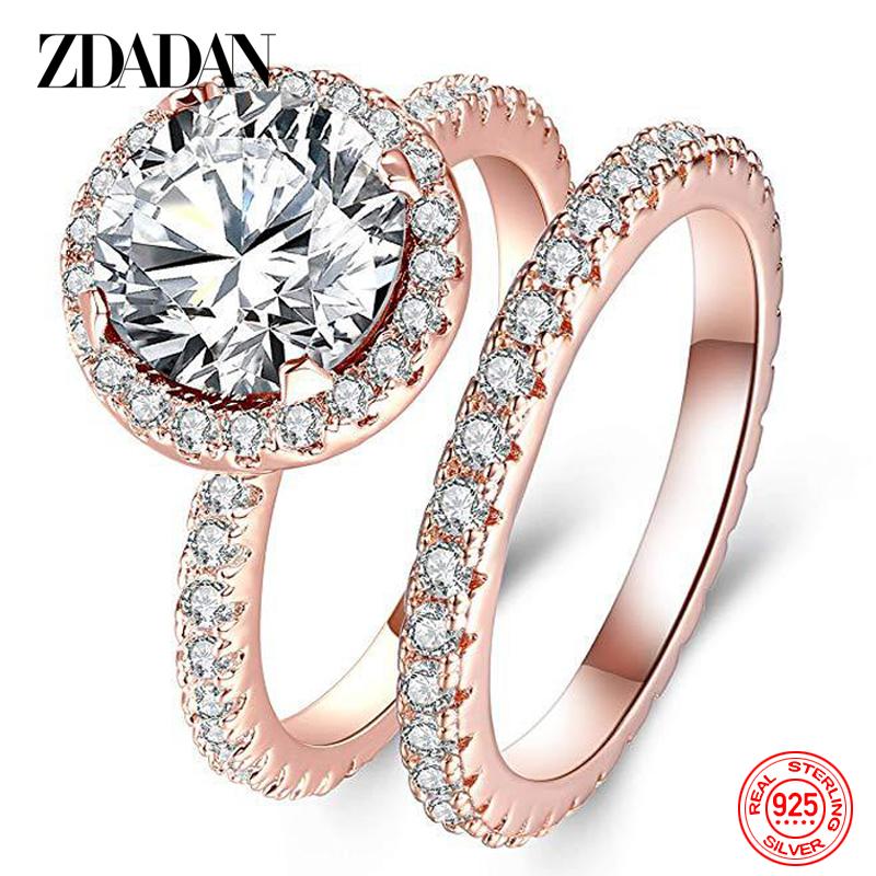

2pcs 925 Sterling Silver Cubic Zirconia Ring for Women Fashion Wedding Jewelry Gift 10 рожевий колір золота