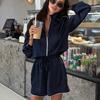 Womens Turn Down Collar Lantern Sleeve Jacket High Waist Drawstring Wide Leg Shorts Two Piece Set
