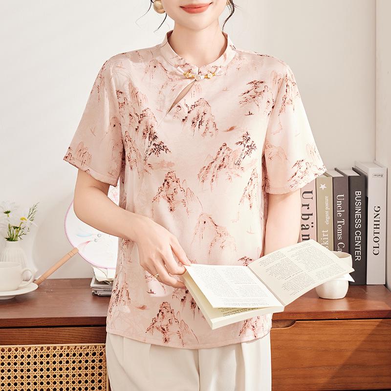 Mom's 2026 Chinese-Style Short Sleeve Summer Blouse for Middle-Aged Women
