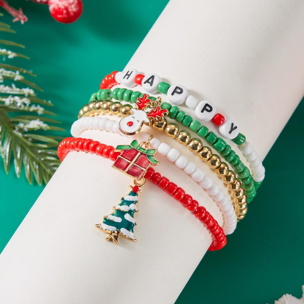 Colorful Beaded Christmas Bracelet Set For Women Men Santa Claus Snowman Snowflake Pendant Bangles New Year Party Jewelry
