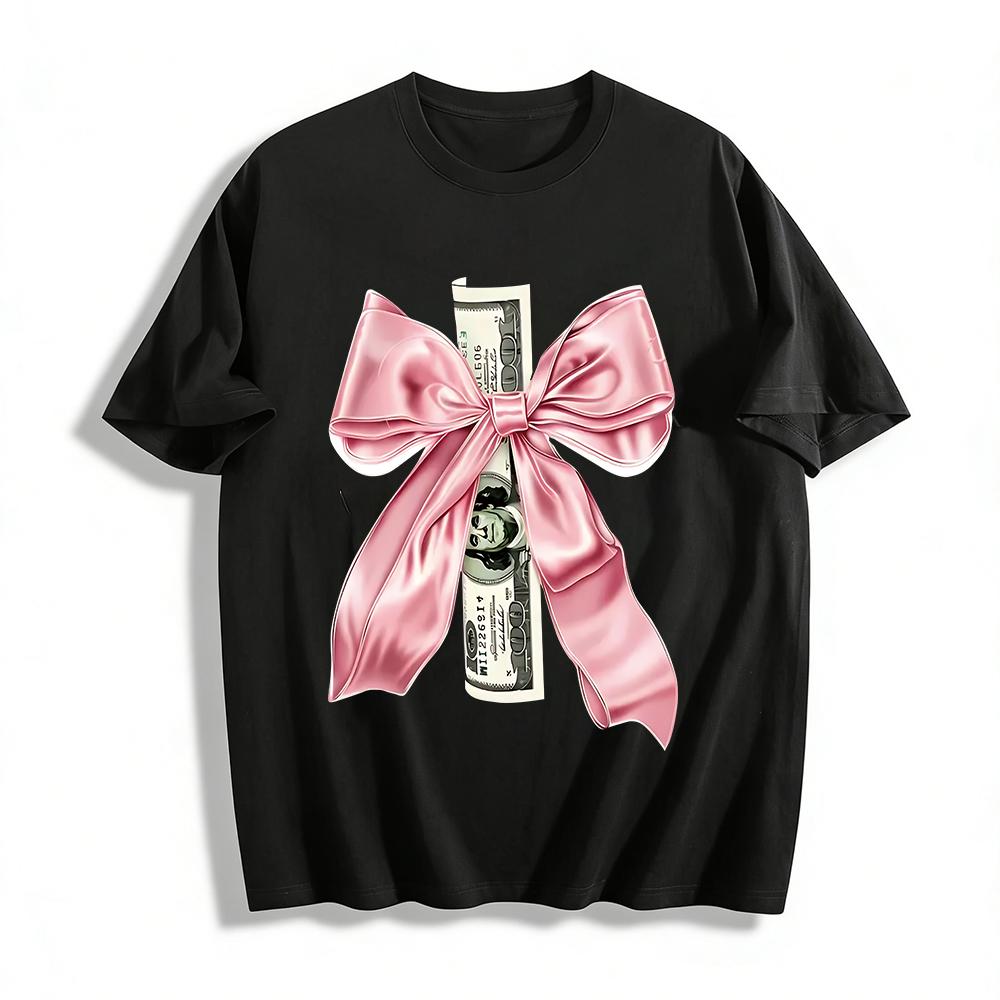 US Dollar Bill Pink Satin Bow Print T-shirt Trendy Casual Loose Crew Neck Top For Men Women Pure cotton T-shirt XXS
