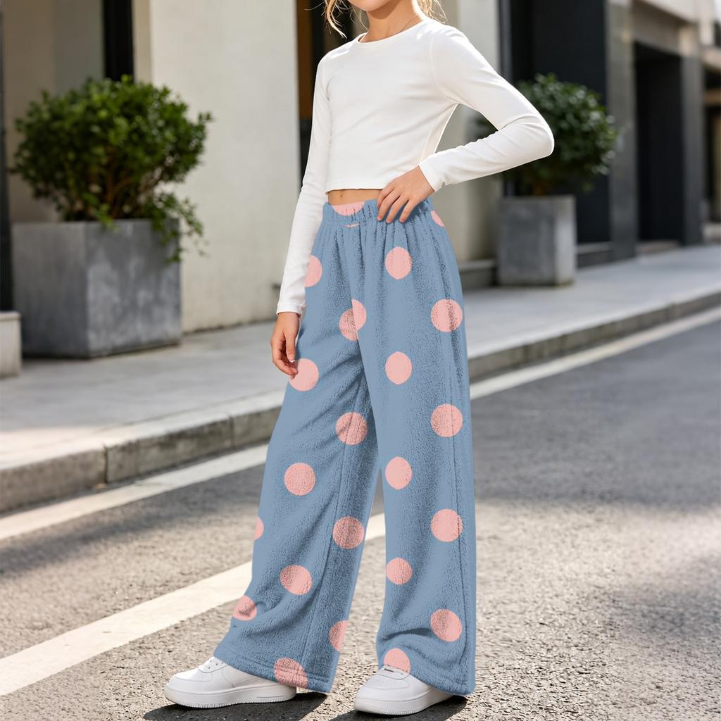 Girls' Flannel Pants Warm Polka Dot Print Comfortable Casual Bottoms for Everyday Wear
