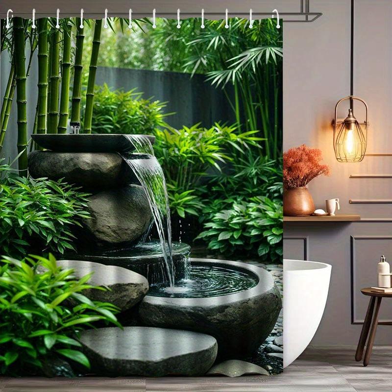 

Bamboo Garden Waterfall Shower Curtain Zen Nature Scene Green Plants Rock Fountain Waterproof Bath Decor W60H190(CM)-1 Pcs