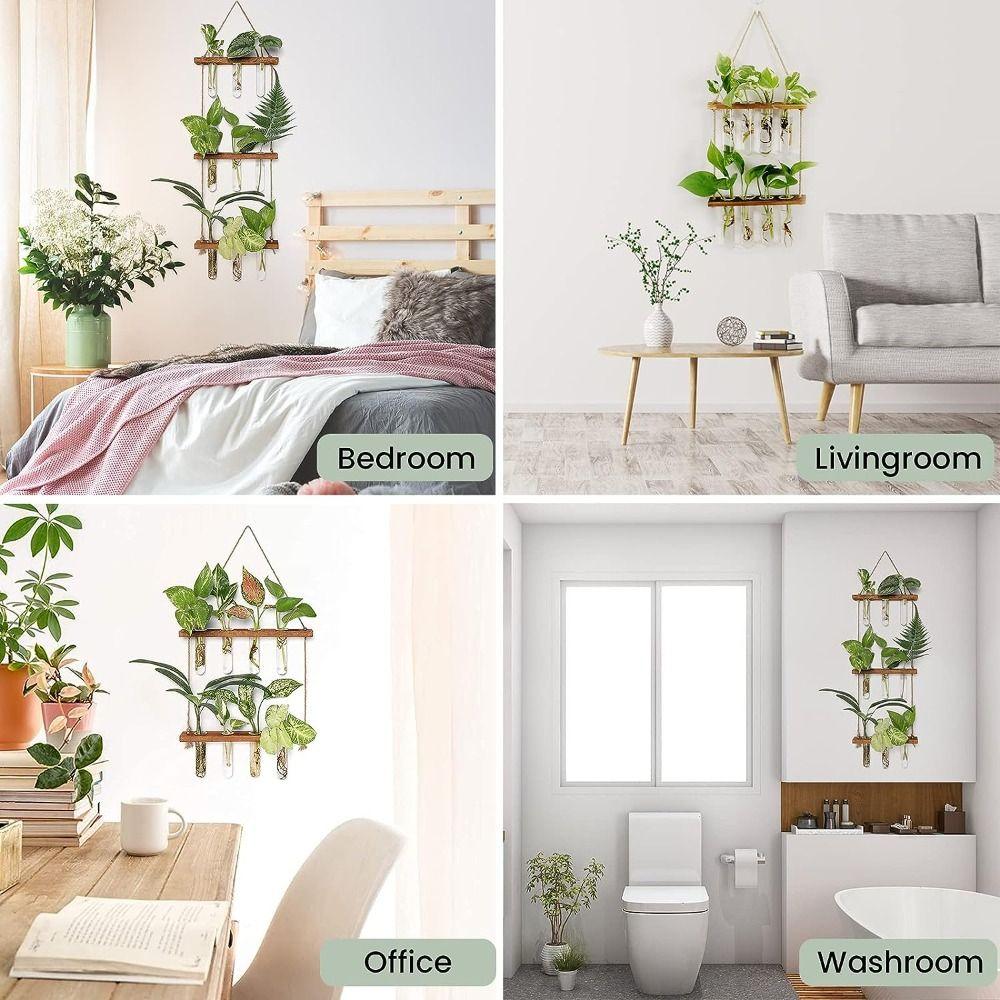 Retro Wood Frame Vase Wall Hanging Transparent Glass Vase Glass Planter Plant Vase  Office