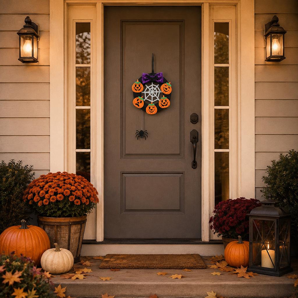 Halloween Wreath with Pumpkin and Design for Front Door Party Decorations