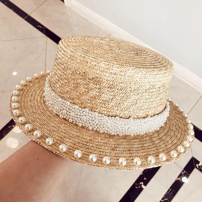 European Style Celebrity Xiaoxiang Elegant Retro Pearl Wheat Grass Flat Top Straw Hat Women'S Summer Sun Protection Beach Hat Hepburn Style
