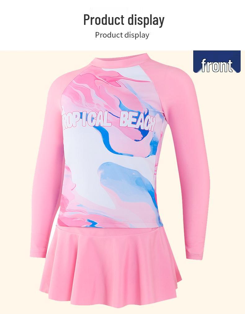 2025 Pink Tie-Dye Long Sleeve Two-Piece Swimsuit for Girls: Includes Short Skirt