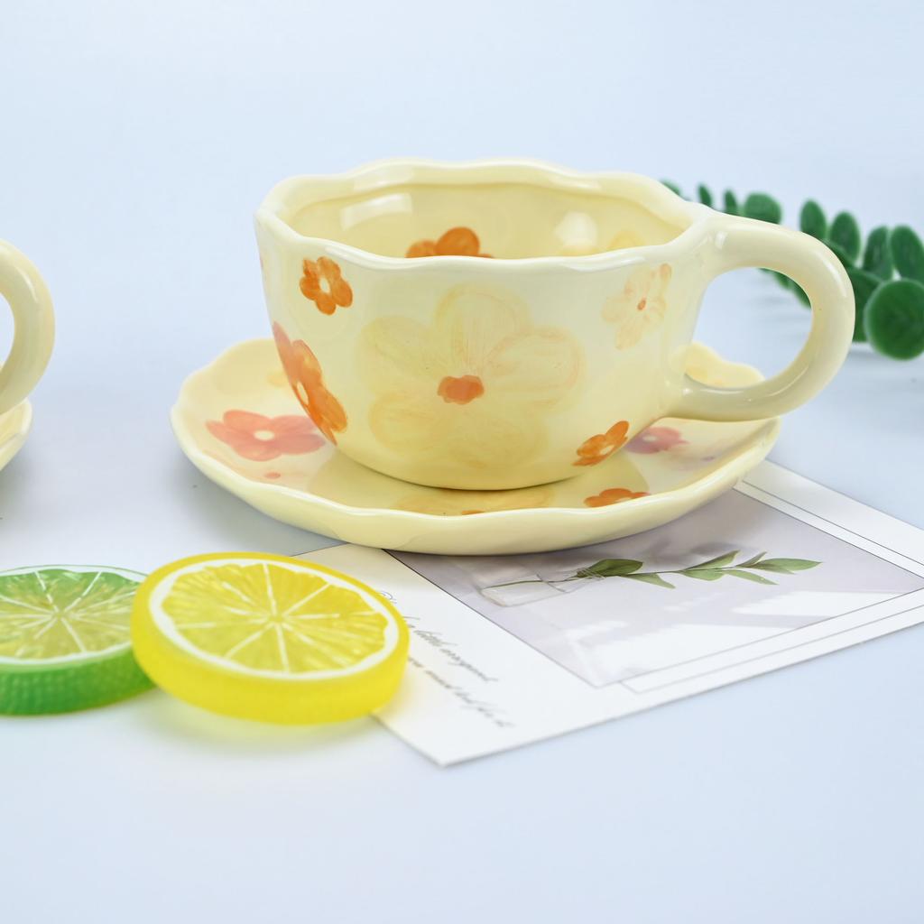 2PCS/Set High-end Coffee Cups And Saucers, High-value Ceramic Mugs, Business-style Latte Art Coffee Cups, Hand-pinched Cups