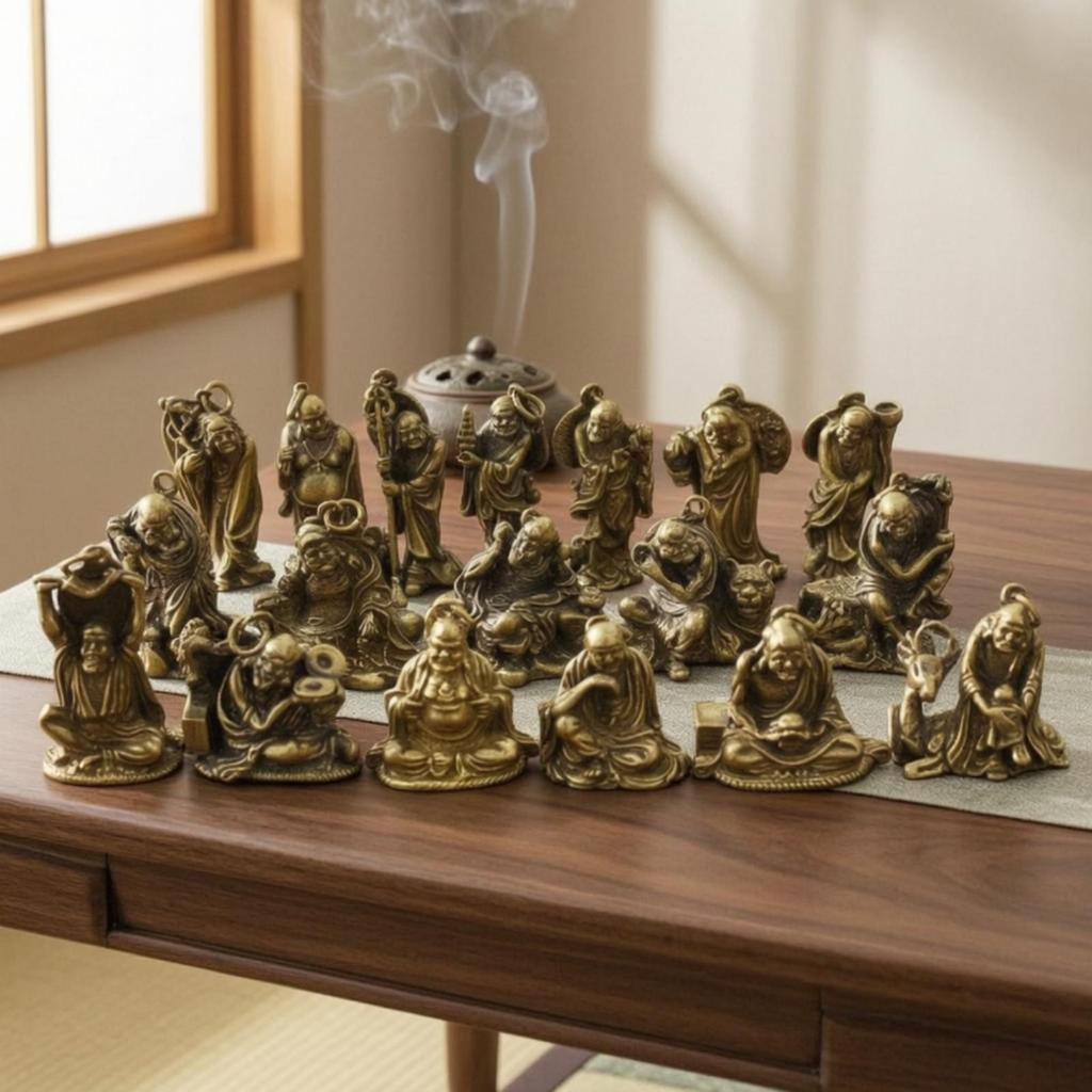 18 Pieces Arhat Figurines Solid Brass Buddhist Statues AntiqueStyle with Hanging Loop for