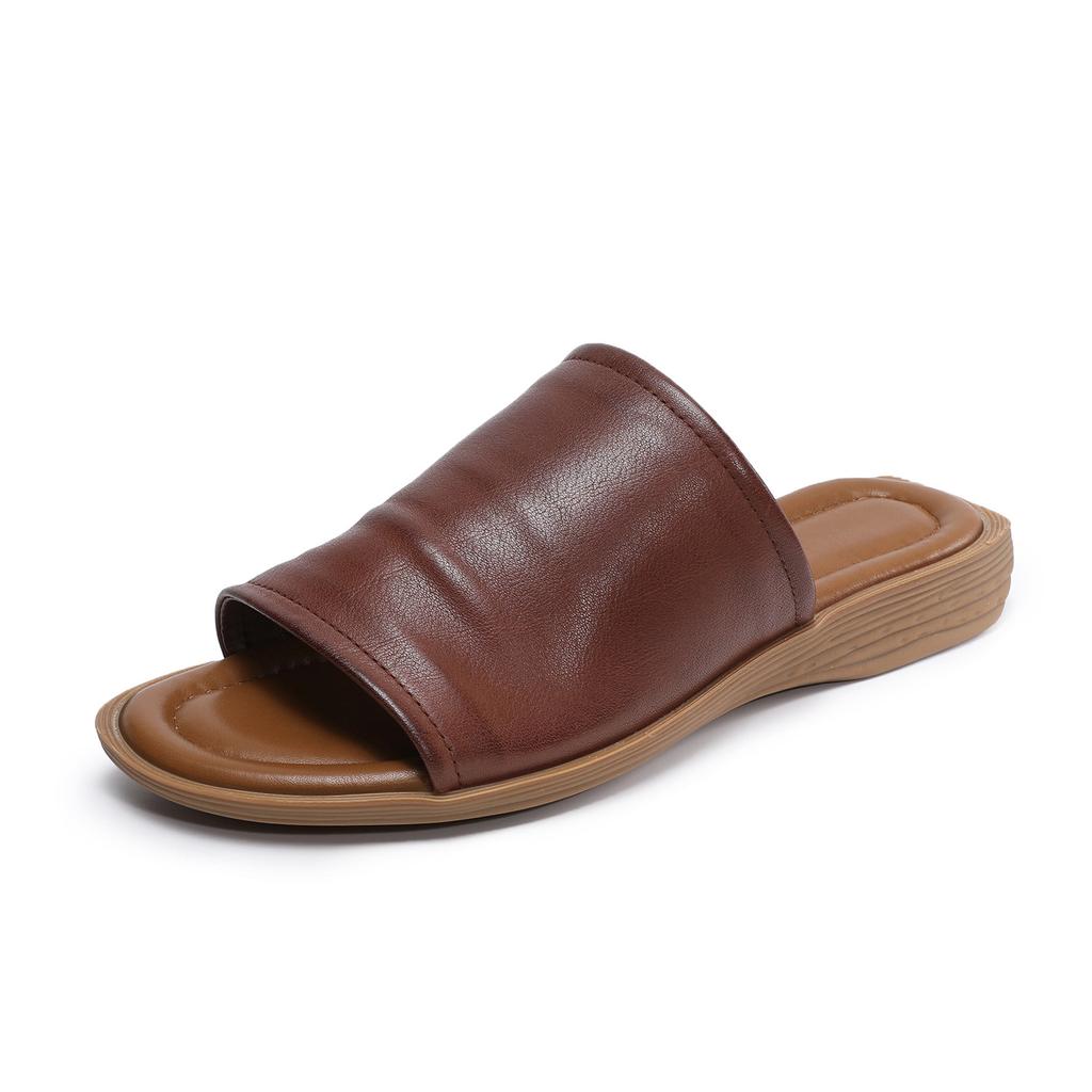 Johnature Retro Outerwear Slippers Genuine Leather Soft Soled Peep Toed Flat Women's Slides