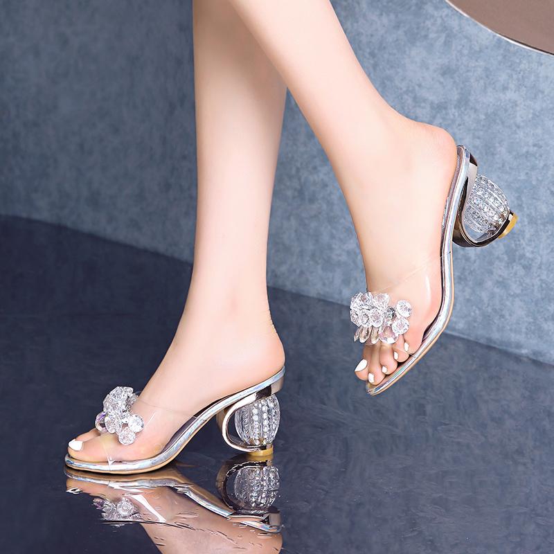 New Transparent High Heel Slippers Casual Fashion Sexy Diamond Patch Comfortable Versatile Shallow Mouth Slippers for Women