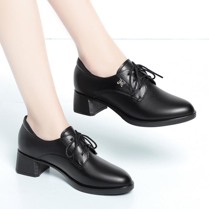 Women's Black Leather Mid-heel Lace-up Work Shoes with A Chunky Heel and Soft Leather Comfortable Single Shoes