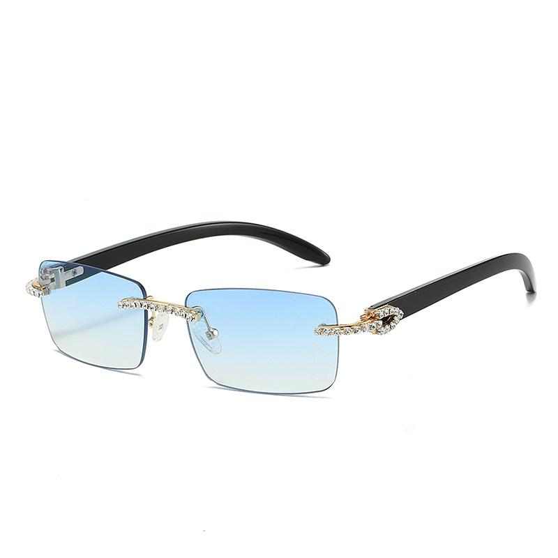 Frameless Trimmed Imitation Wood Grain Legs With Diamonds, Sunglasses, Men S And Women S Retro Trend Fashion Sunglasses