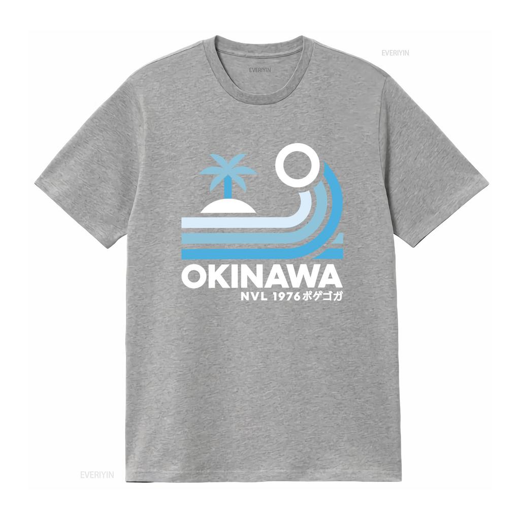 Mens Japan Okinawa Retro Style T Shirt with Palm Wave Design and Lettering Print Fashion Streetwear for Summer Vibes Vintage