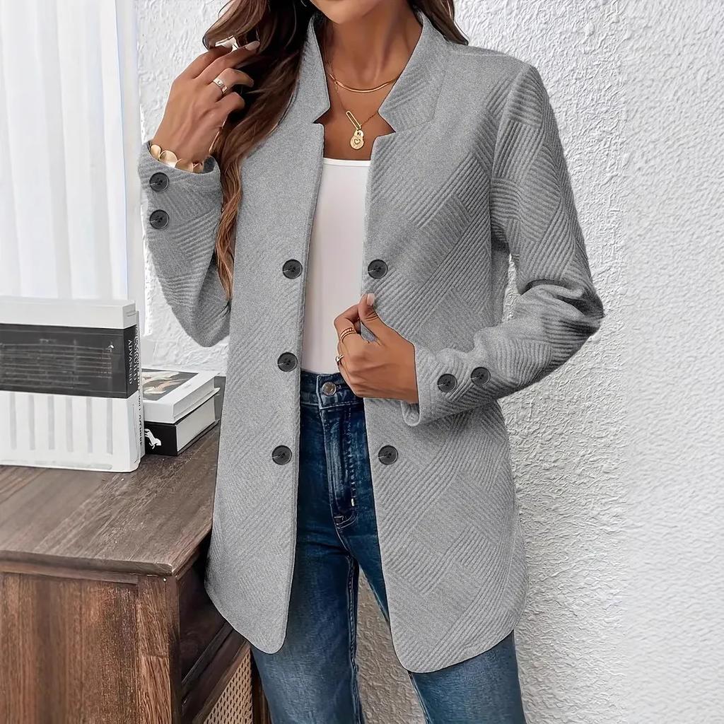 Spring Autumn Winter Fashion Plain Textured Double Breasted Cardigan Decorative Inner Pocket Long Sleeves