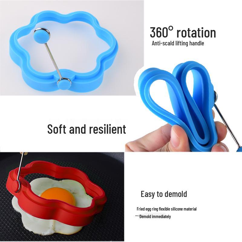 Cartoon Heart-Shaped Silicone Egg Frying Pan Ring with Handle - Nonstick Pancake Mold Cooking Tool