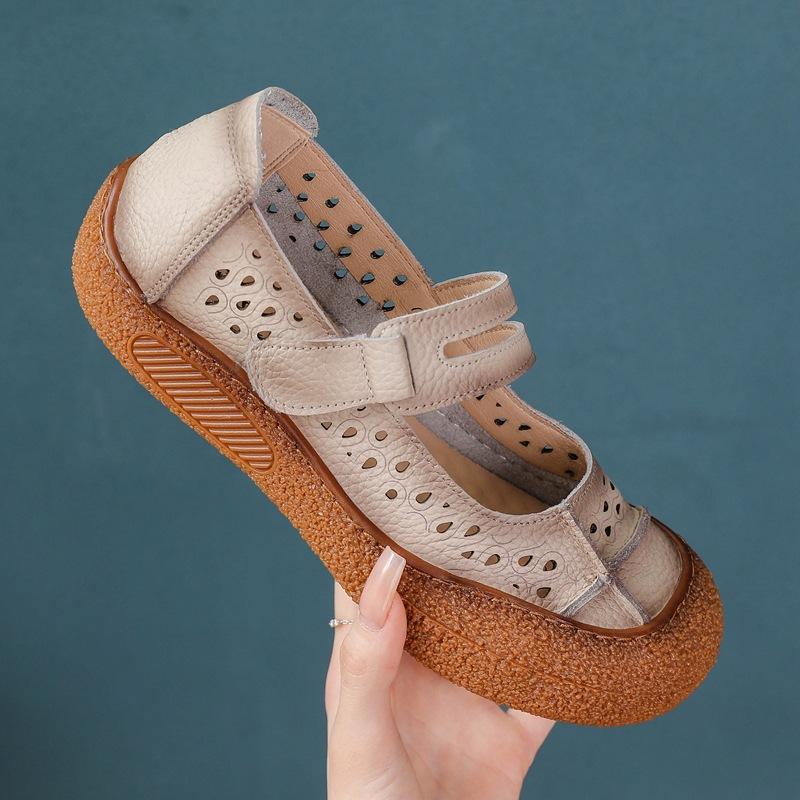 Women’s Genuine Leather Comfort Flats Hollow Mary Jane Shoes Lightweight Soft Hook Loop Nurse Shoes Woman Strap Moccasin