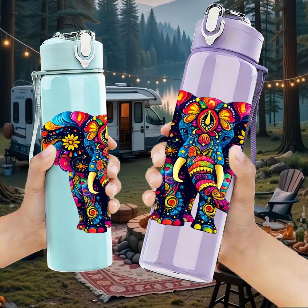 1PC Colorful Decorated Elephant Art Print 750ml Color Plastic Sports Water Bottle Leakproof Flip Straw Lid Suitable for Sports Office Home Use