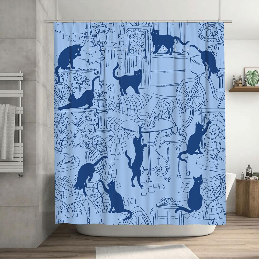 Blue Feline Bathroom Curtain Set: Modern Cat Print Shower Curtain With Rings For Home Decor Perfect Gift For Animal Lovers