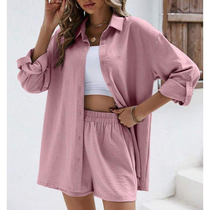 

Pure Color Long Sleeves Shirt Shorts Fashion Casual Set Women Solid Color Casual Suit Pink L