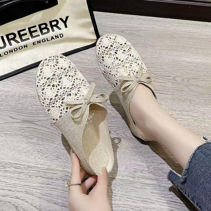 Lace bag head slippers women's linen new summer versatile outer wear mesh breathable non-slip half slippers sandals women