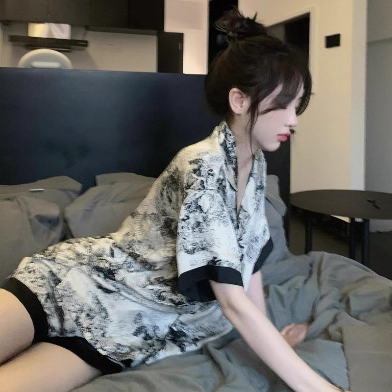 Sommer Damen Tuschemalerei Eisseide Pyjama Hausanzug Mädchen Pyjama Dünne Sektion Freizeitpyjama Sommerkleidung