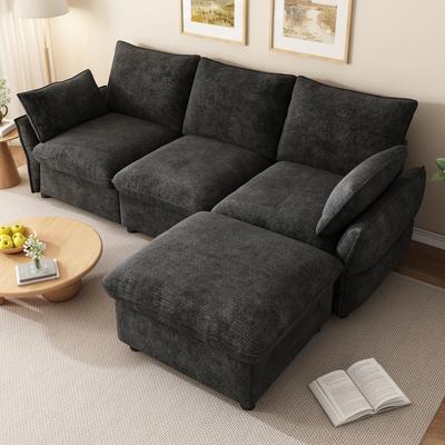 Modern Corner Sofa with Ottoman (incl. 1 Stool), 3-Seater Sofa Made of Chenille, Suitable for Living Room, Dark Grey, 222.5 × 154.5 × 76.5 Cm