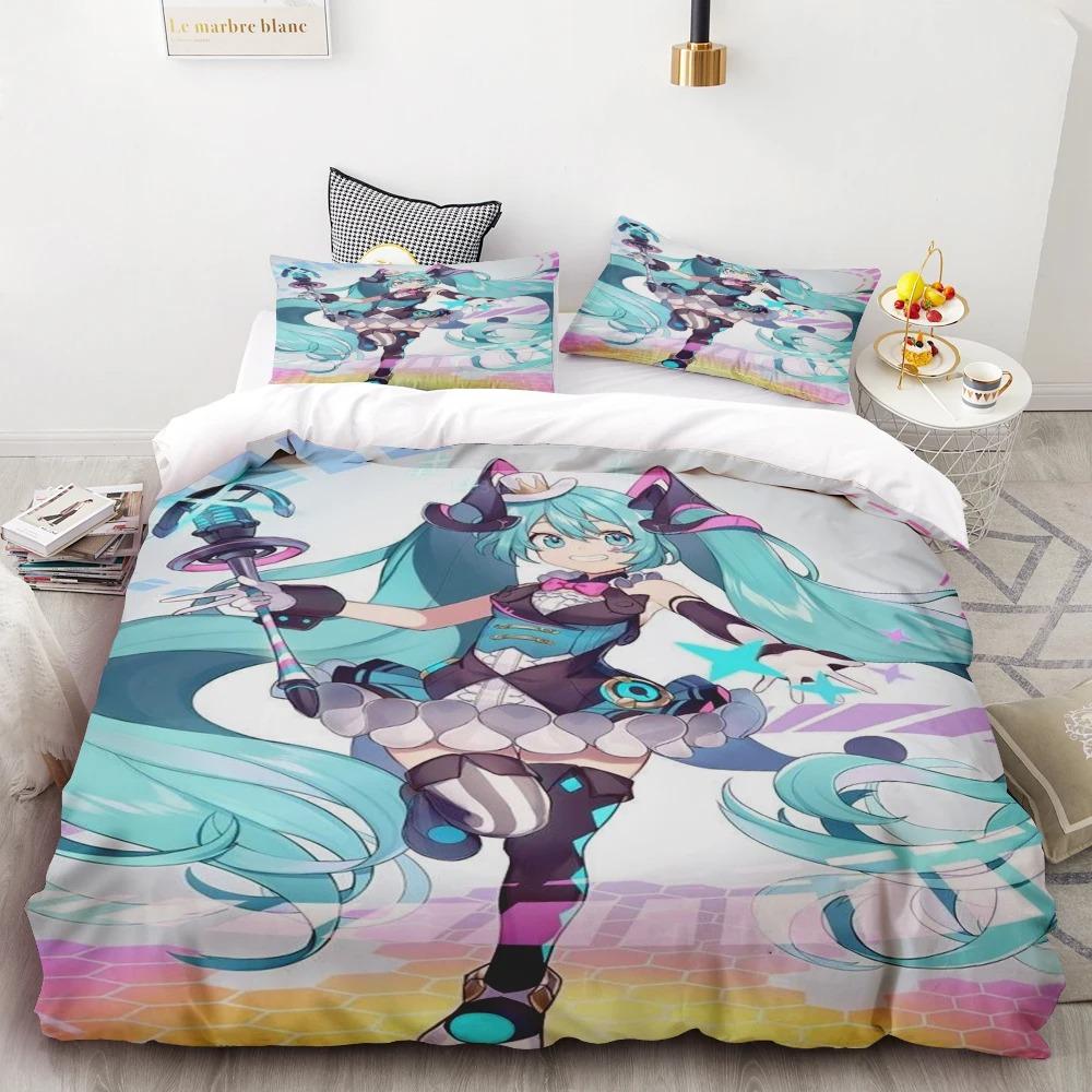 Duvet Cover Hatsune Miku Anime Singer Beautiful Girl Bedding Set Cartoon with 1/2 Pillowcase for Women Men Teens Bedroom