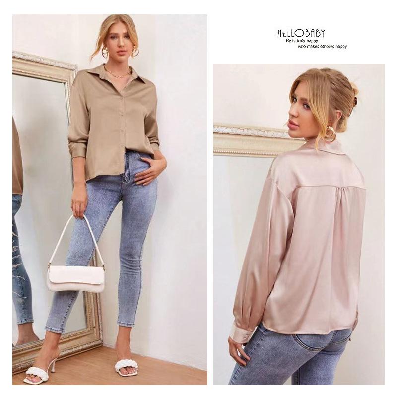 Spring Summer Satin Comfortable Casual Loose Long Sleeved Solid Color Lapel Shirt for Women Blouses & Shirts
