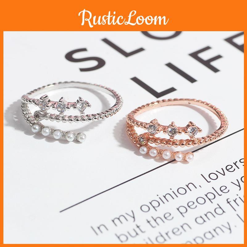 Elegant Three Row Pearl And Zircon Ring With Adjustable Open Design For Women