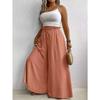Women Casual Loose Drawstring Mid Waist Solid Color Wide Leg Long Pants