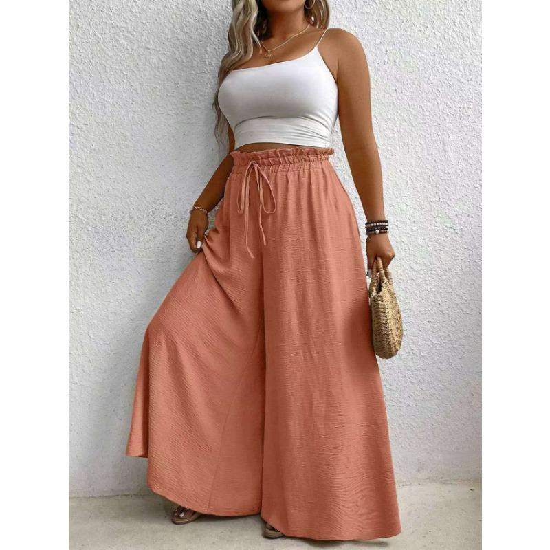 Women Casual Loose Drawstring Mid Waist Solid Color Wide Leg Long Pants