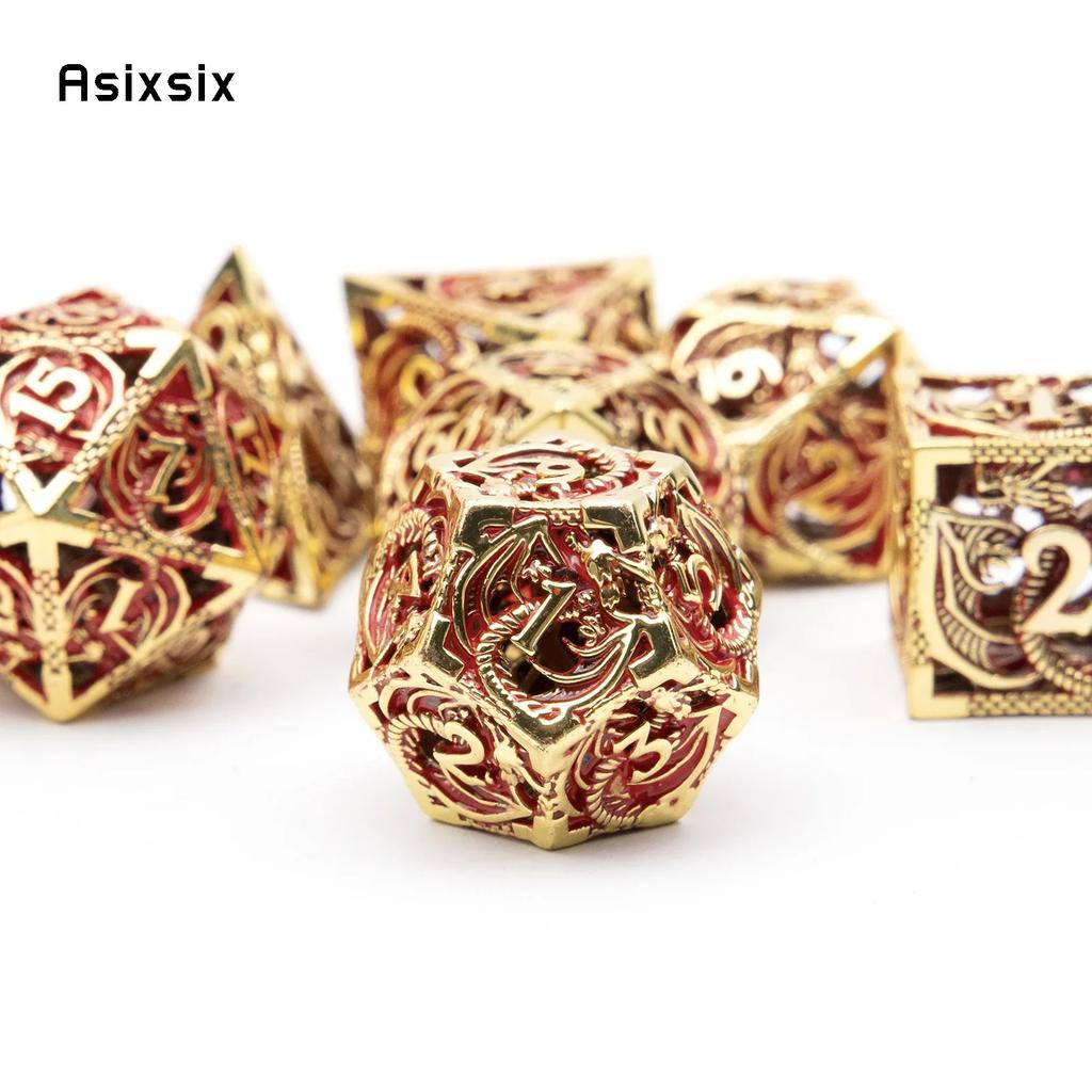 7 Pcs Golden Red Dragon Metal Dice Hollow Metal Polyhedral Dice Set Suitable For Role-Playing Dice PropBoard Game Gift