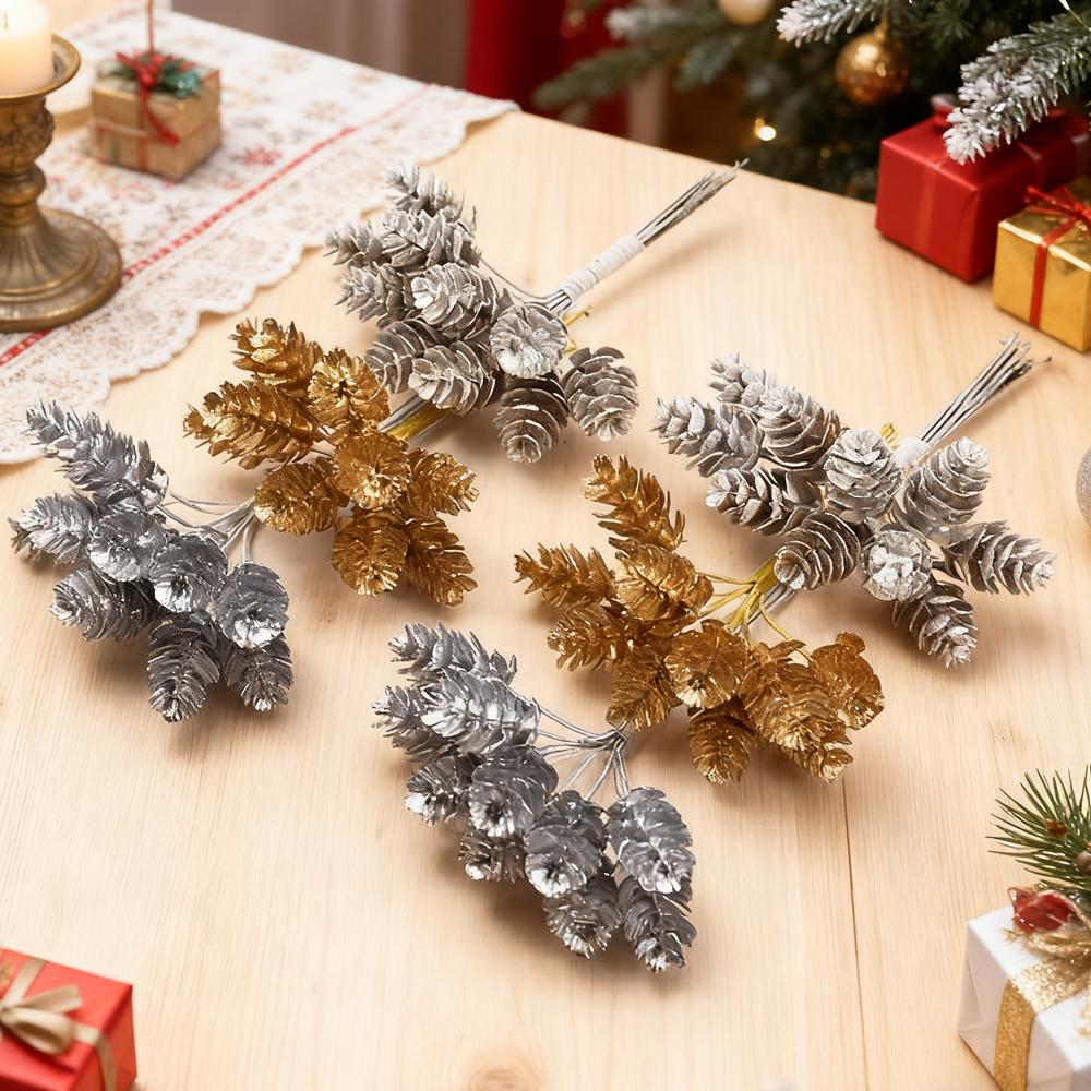 10Pcs/Bundle Gold Silver Christmas Pine Cone Artificial Plants Diy Gifts Box Wedding Decorative Flowers Home Decor Accessories